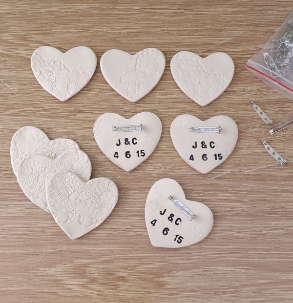 personalised ceramic wedding favour heart brooches